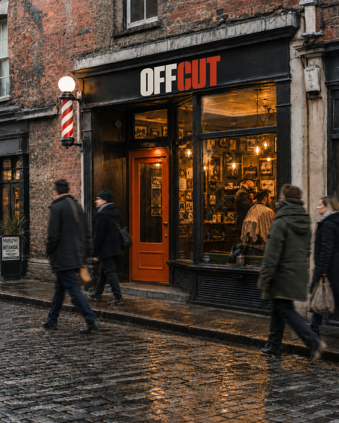The OFFCUT shopfront on Stokes Croft at dusk